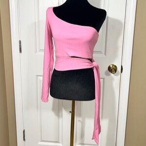 BETTER BE NWT Pink One-Shoulder Long Sleeve Tie-Waist Crop Top, Size Small